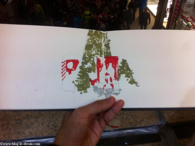 le sapin en vert olive sur le croquis de noel