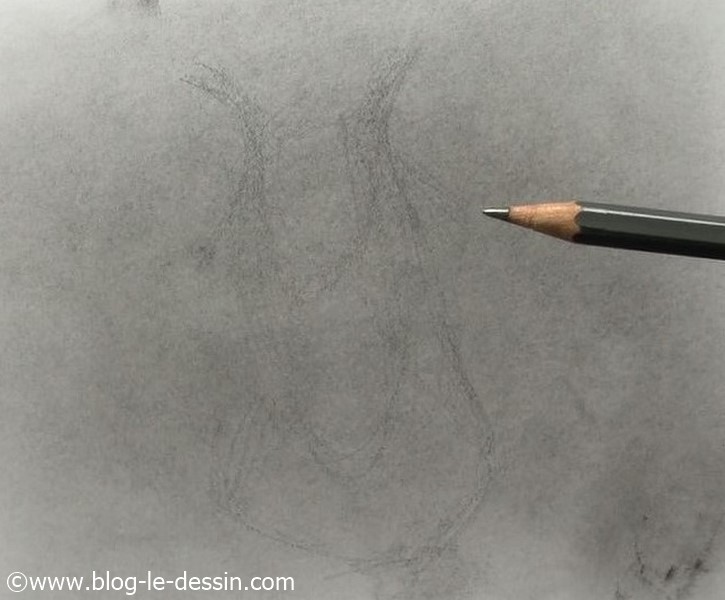 Je réalise une esquisse rapide sur le fond gris qu e j'ai créé avec ma poudre de graphite.