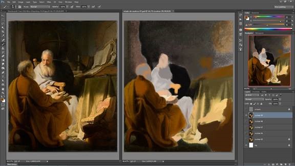 Une de mes études en cours avec un effet huile après réalisation d’un croquis – Rembrandt – Two Old Men Disputing