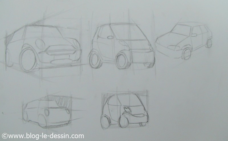 les points de fuite et la perspective du cube pour dessiner les voitures