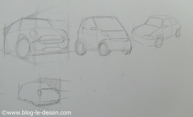 trois illustrations pour expliquer la technique de la perspective appliquee aux dessin de voitures