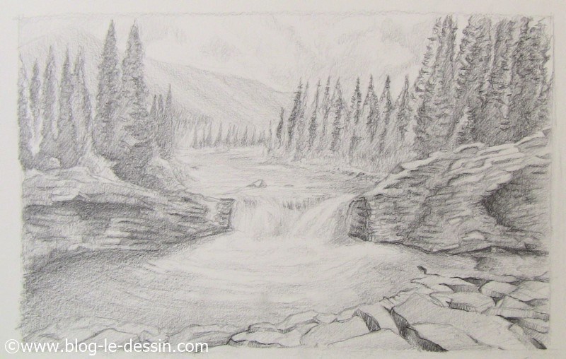 la technique du contraste a utiliser dans un paysage a dessiner pour mettre en valeur la riviere