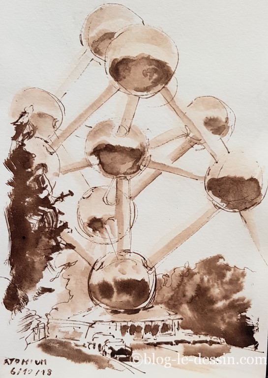 croquis au lavis atomium bruxelles encre sepia