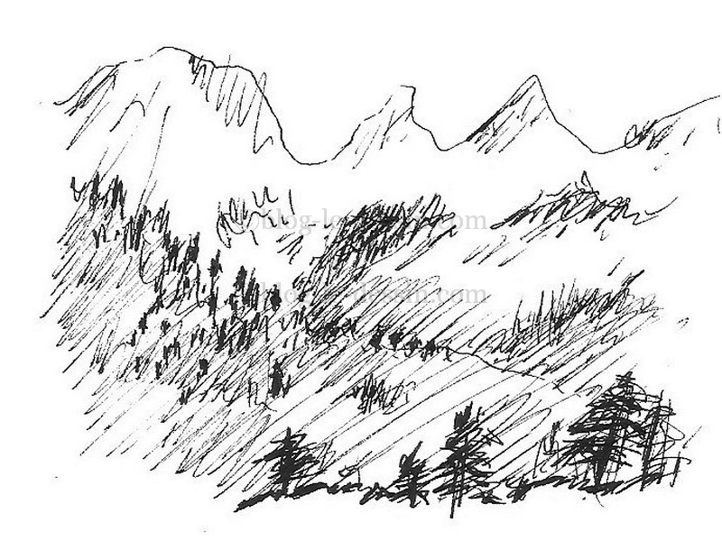 exemple croquis montagne lointaines au stylo