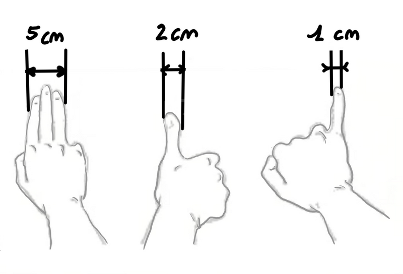 mesures de 1, 2 et 3 cm avec les doigts
