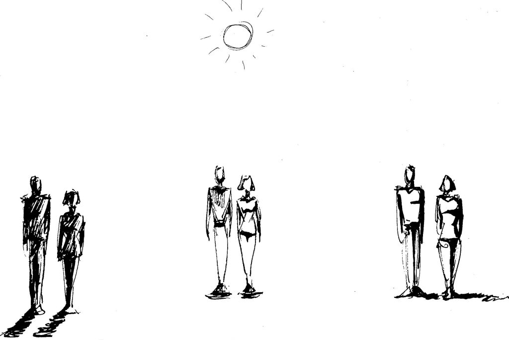 1 soleil et 3 couples dans des positions différentes pour illustrer la position des ombes
