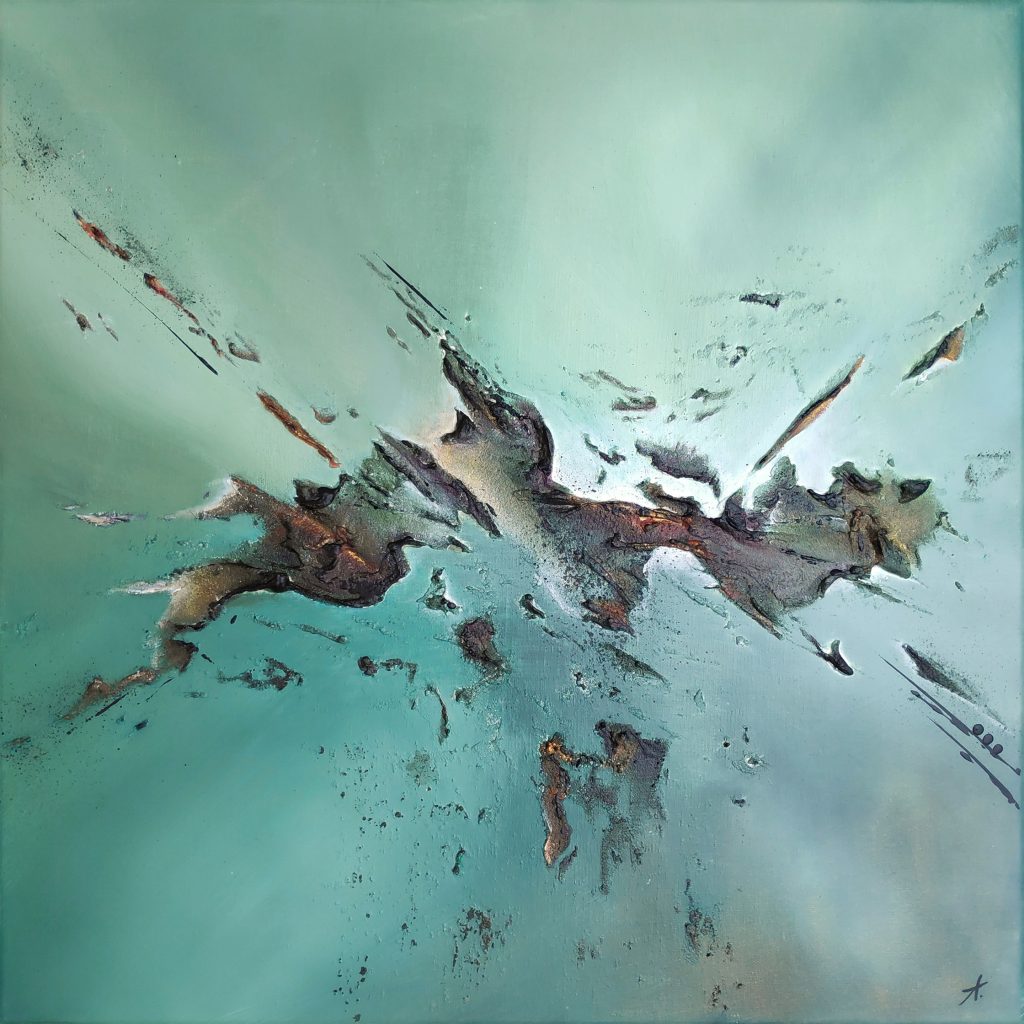 tableau abstrait de Virginie Alaya à dominante jaune bleu/gris
