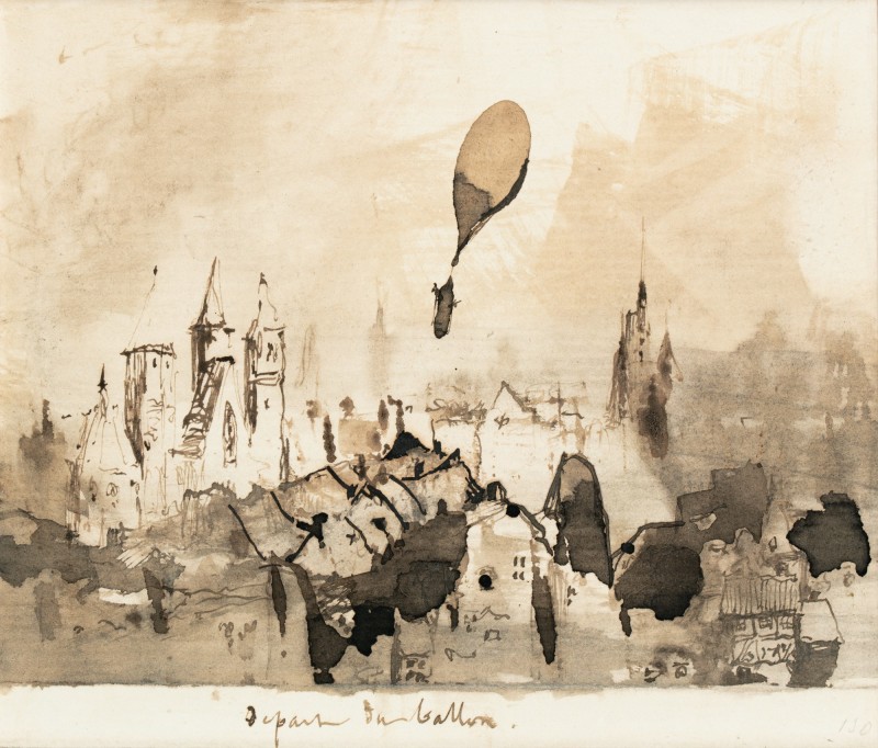 dessin au lavis et texte manuscrit par Victor Hugo montrant un ballon s'envolant au dessus d'une ville